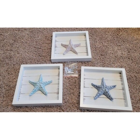 New Beach Decor Starfish Wall Art (Framed Set of 3) Coastal 3D Seashell - Picture 1 of 4